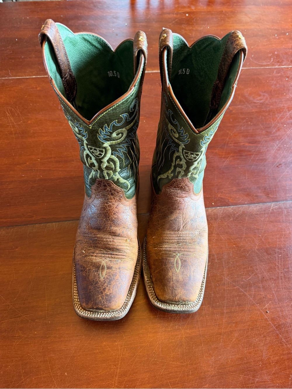 Ariat Brown Leather Cowboy Boots with Green Embroidered Shaft
